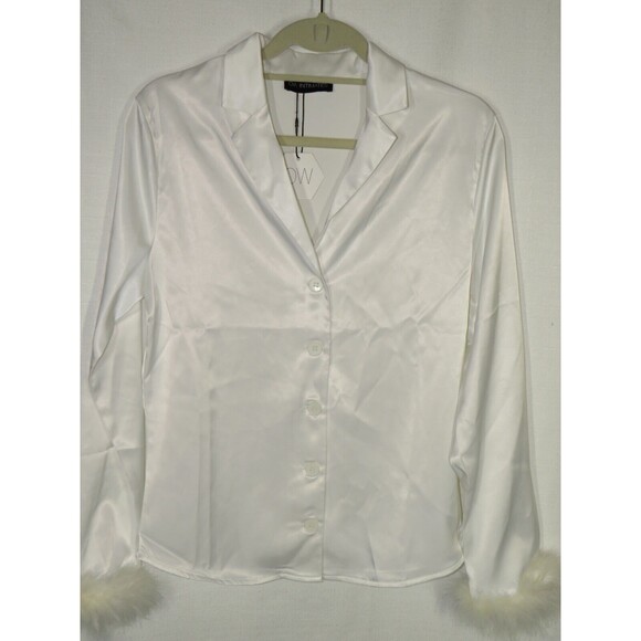 OW Intimates Revolve White Satin Ostrich Feather Trimmed Pajama Top Size 4-XS - Picture 9 of 14